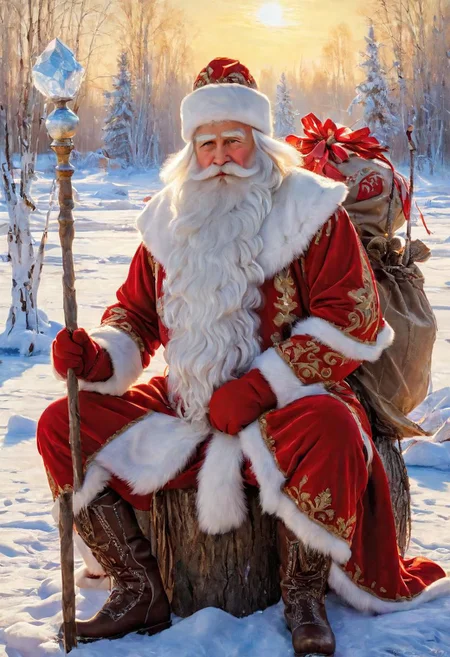 masterpiece, best quality, oil painting, DedMoroz, 1boy, stern face of an old man, thick eyebrows, kind eyes, long beard, sitting on stump, large canvas bag with gifts at his feet, red high boots, frozen ice lake, magic staff, provincial Russian village in the background, snow, frost and sun, wonderful day, ultradetailed, <lora:DedMoroz:1>,  <lora:add-detail-xl:0.8>