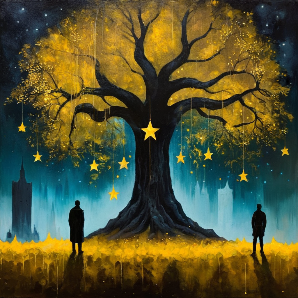 Dark Fantasy Art of  <lora:carcosa city:1.5>
In an ancient and mysterious city a painting of two people standing under a tree with many yellow stars above carcosa city style, dark, moody, dark fantasy style