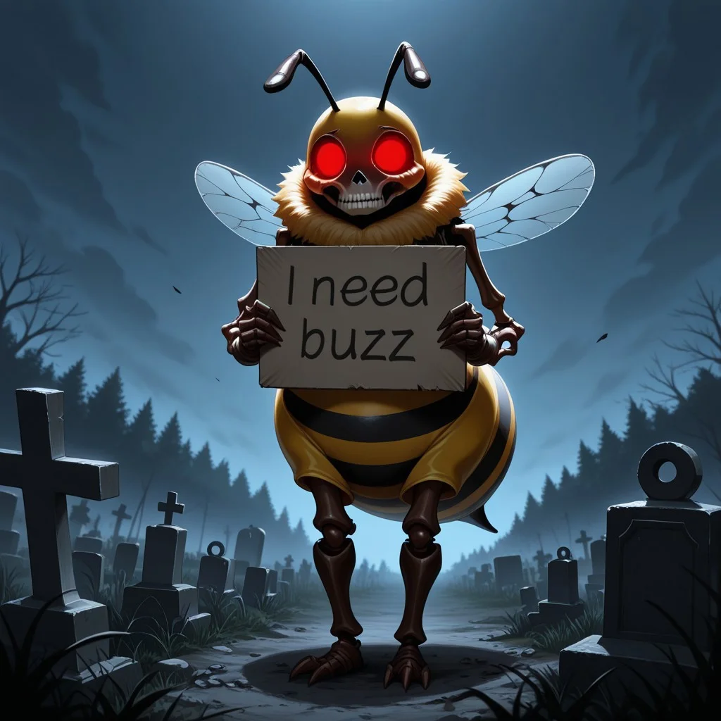 masterpiece, best quality, very aesthetic, absurdres, full body, skeletal undead, skeleton, solo, red glowing eyes, sad, bee costume, graveyard, need_buzz, holding sign