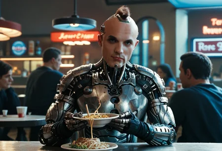 score_9, score_8_up, score_7_up, score_6_up, score_5_up, score_4_up, source_movie, android, cyborg, 1boy, zapan, eating noodles in a diner, looking at viewer, male focus, multiple boys, solo focus, 2boys, armor, science fiction, realistic, bald, mohawk, <lora:zapan_pxl_v3:1>