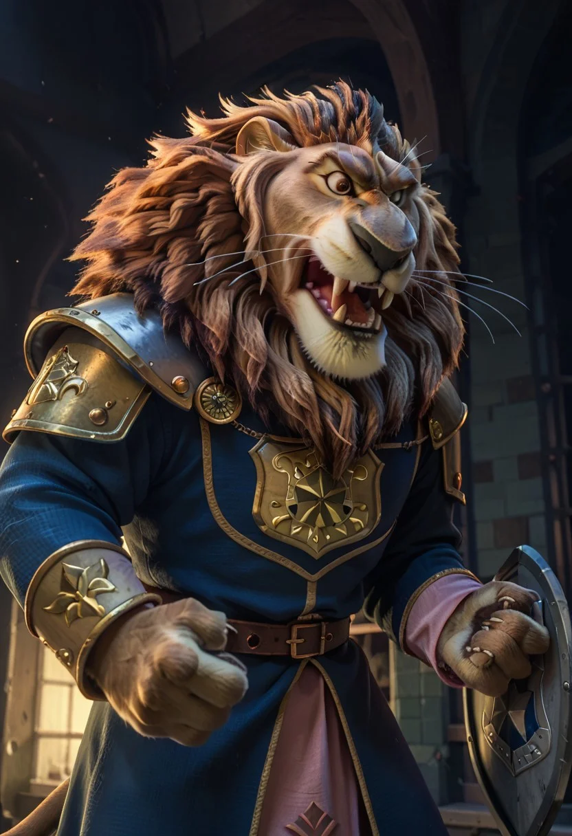 score_9, score_8_up, score_7_up, 
rating_safe, looking at viewer, 
roaring, action pose, (angry), action lines, view from below, pink clothes, gold trim,
Lionheart, furry male, solo, lion, brown fur, brown eyes, whiskers, lion tail,
medieval armor, fuschia robes, heart shield,
medieval castle, hall, columns, cobwebs, indoors,  ((night time)),  warm lighting,