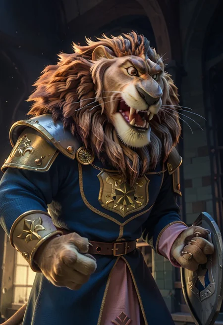 score_9, score_8_up, score_7_up,
rating_safe, looking at viewer,
roaring, action pose, (angry), action lines, view from below, pink clothes, gold trim,
Lionheart, furry male, solo, lion, brown fur, brown eyes, whiskers, lion tail,
medieval armor, fuschia robes, heart shield,
medieval castle, hall, columns, cobwebs, indoors, ((night time)), warm lighting,