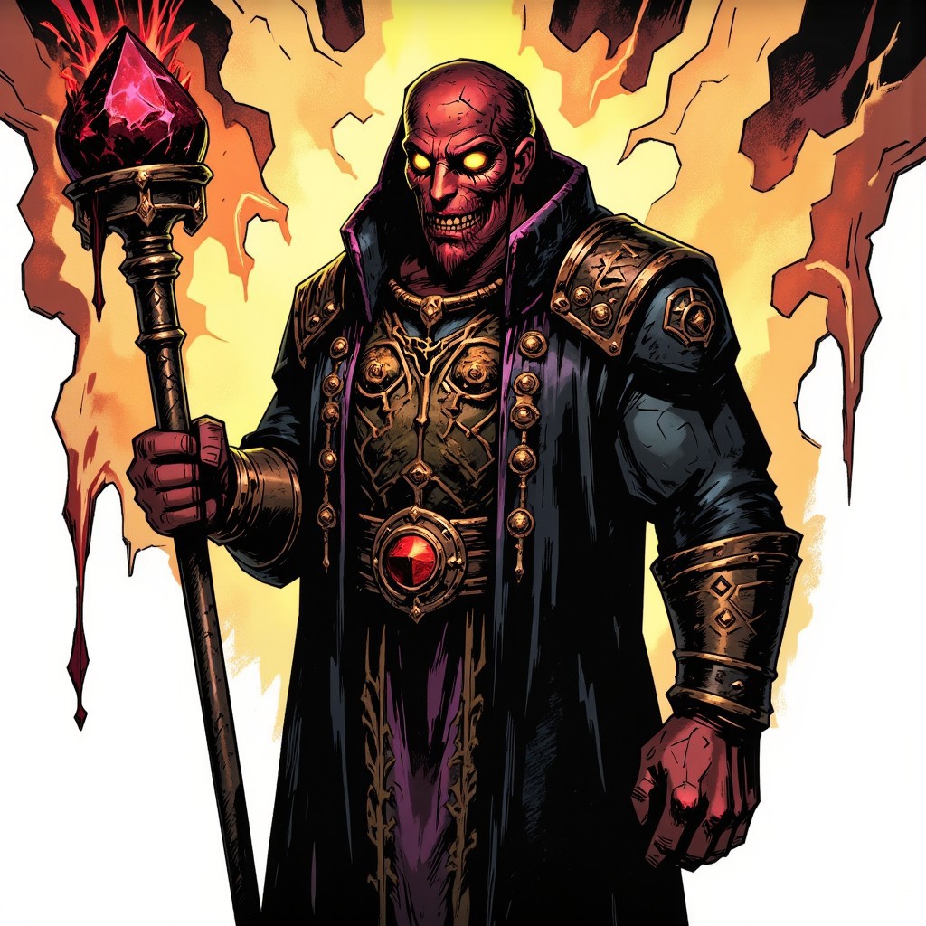 inked comic illustration in TTCSV1.0 artstyle that features A tall, imposing figure with skin that appears to be made of cracked, redstone-like material. Their eyes are glowing coals, burning with an inner fire. Their long, black cloak is embroidered with ancient blood symbols that pulse with dark energy. The Warlock’s hands are bound in iron cuffs, and from them drips a constant stream of blood that swirls around them like tendrils of smoke. They carry a staff crowned with a blood-red crystal, which glows with an eerie light. Their presence causes the air around them to feel thick, as if charged with unnatural power.