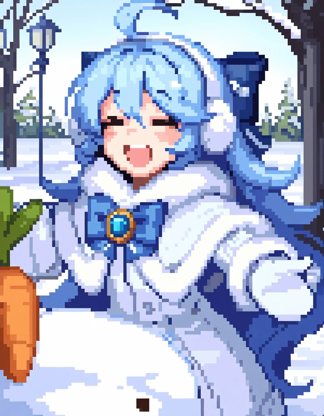 masterpiece,best quality,<lora:dnfpix:0.8>,pixel art,dnf pixel, 1girl, solo, blue bow, long hair, closed eyes, bow, outdoors, snowman, blue hair, open mouth, ahoge, smile, mittens, snow, capelet, blush, rabbit, earmuffs, fur trim, carrot, brooch, long sleeves, bangs, day, coat, tree, lamppost, hat, blue bowtie, very long hair, bowtie, teeth, gloves, hair between eyes, white capelet, :d, jewelry, hair bow, fur-trimmed coat