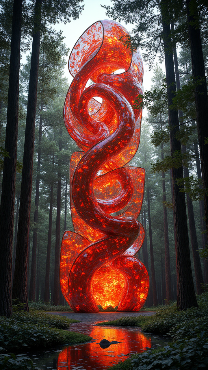 psychedelic style, In the heart of a dense forest, a towering structure made entirely of shimmering glass and steel stands tall. The shape is intricately detailed, with swirls of red, orange, vibrant colors, swirling patterns, abstract forms, surreal, trippy, aidmaMJ6.1