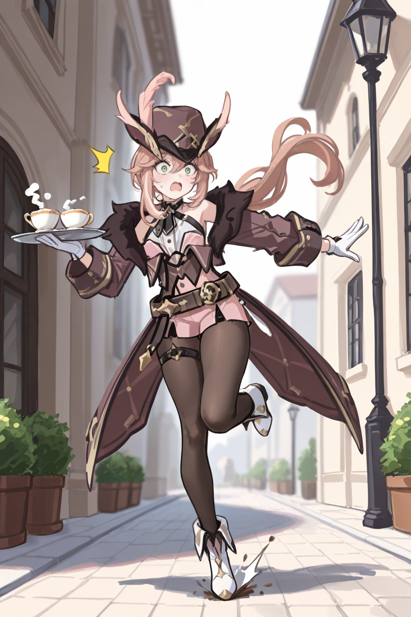 masterpiece, best quality, very aesthetic, newest, absurdres, highres,
1girl, solo,
 <lora:CloriPinkGreenBrownVerIllustriousV1:1> cloripinkgreenbrownver, green eyes, brown pink hair, low ponytail, streaked hair, fur-trimmed coat, white gloves, hat, hat feather, pantyhose, belt, white footwear,
running, falling, ^^^, coffee, teacup, holding tray, standing on one leg, open mouth, sweat, surprised, outdoors,  outstretched arms, tripping,
<lora:MoriiMee_Gothic_Niji_Style_Illustrious_r1:0.3> artist:moriimee <lora:QUASARCAKEXLillokrV531:0.5>