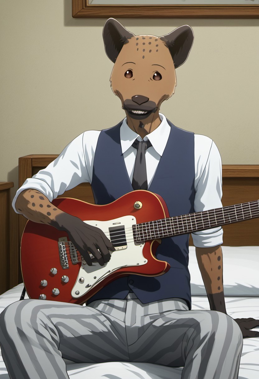 score_9_up, score_8_up, score_7_up, masterpiece, best quality, amazing quality, very aesthetic, absurdres, newest,  high quality, detailed, male, solo male, Miguno, 1boy, mature male, male, slender build, anthro, spotted hyena, animal ears, brown eyes, brown and black fur, white collared shirt, blue vest, black tie, grey striped pants, dorm room, looking at viewer, smiling, sitting, holding guitar, playing guitar, sitting on edge of bed