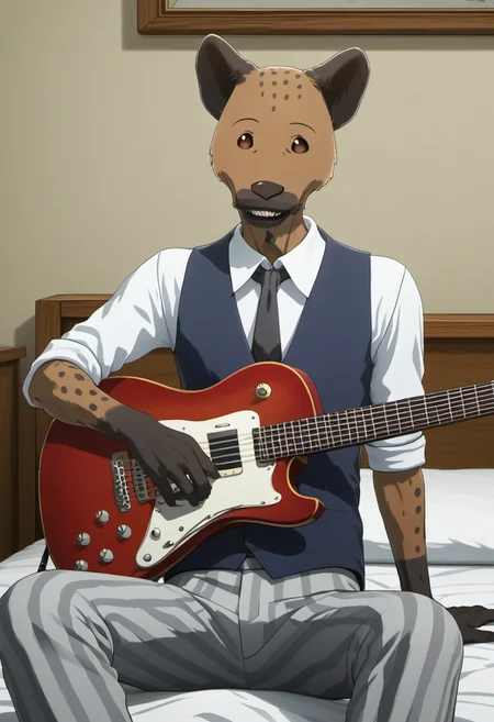 score_9_up, score_8_up, score_7_up, masterpiece, best quality, amazing quality, very aesthetic, absurdres, newest, high quality, detailed, male, solo male, Miguno, 1boy, mature male, male, slender build, anthro, spotted hyena, animal ears, brown eyes, brown and black fur, white collared shirt, blue vest, black tie, grey striped pants, dorm room, looking at viewer, smiling, sitting, holding guitar, playing guitar, sitting on edge of bed