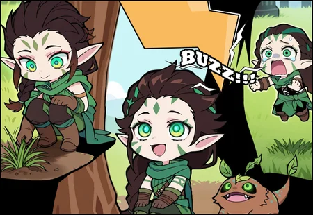 safe_pos, masterpiece, best quality, Xration, amazing quality, very aesthetic, zzzemoji, chibi,grass field, (1girl 1 monster), girl(nissa, brown hair, braid, glowing eyes, green eyes, pointy ears, facial mark, happy, smile, open mouth) sitting, on ground ,looking up,  BREAK, 1monster([pillar:tree:0.2],giant pillar, green pillar, monster, leaves, bark), BREAK, monster in front, monster raising from the ground