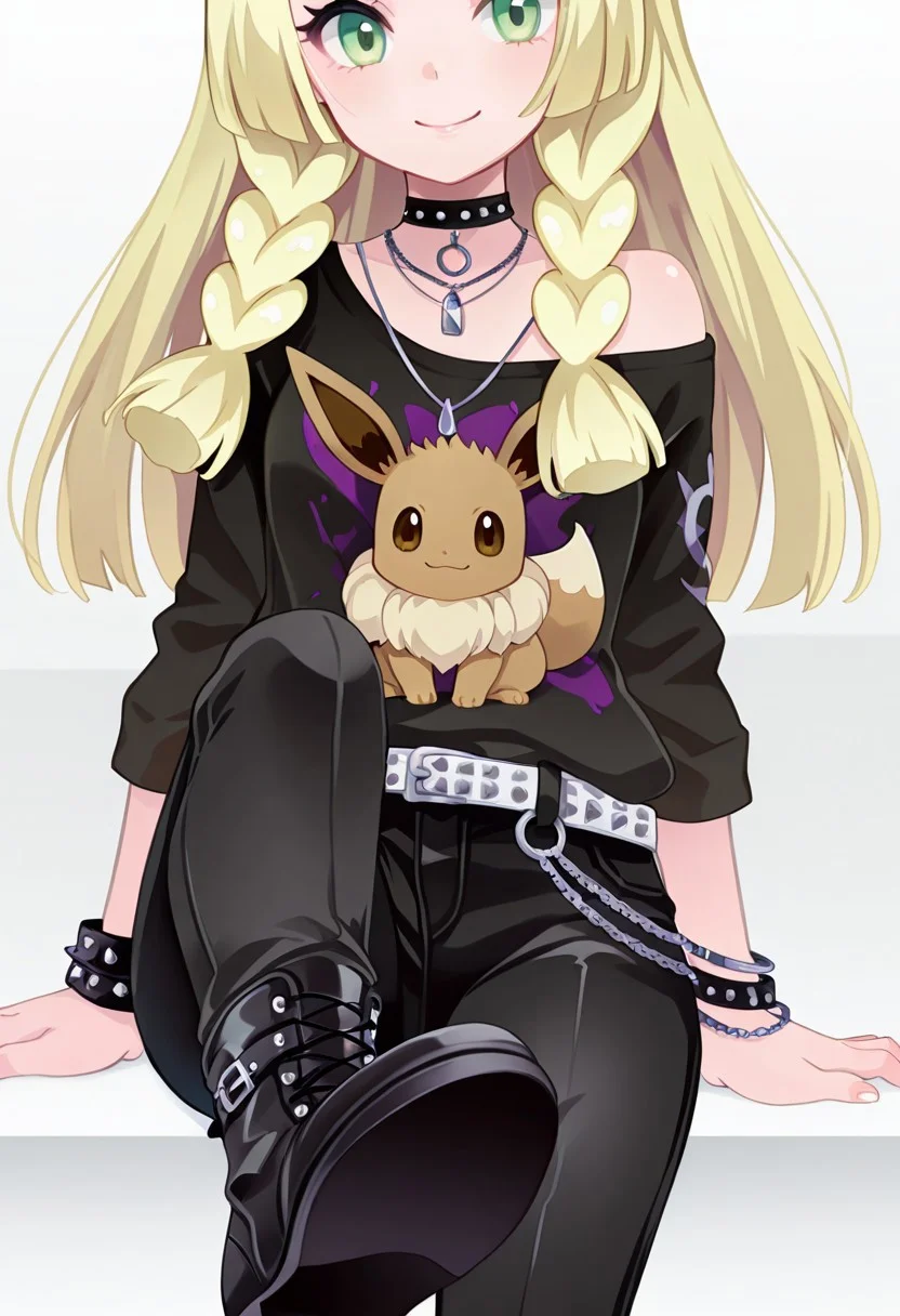 masterpiece, best quality, 1girl, solo, eyelashes, (beautiful eyes), smile,
zzLillie, long hair, braid,
C0utur3Cr4z3, solo, simple background, shirt, white background, jewelry, standing, cowboy shot, sitting, foot focus, boots, shoes, choker, belt, pants, necklace, off shoulder, black footwear, bracelet, black shirt, chain, black pants, t-shirt, spikes, , print shirt, fashion, studded belt,
(eevee), eevee companion,