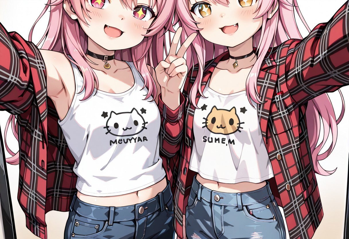lazypos, girl focus, pink hair, multiple girls, long hair, denim, fang, virtual youtuber, pants, open mouth, jeans, head out of frame, v, shirt, 2girls, breasts, plaid jacket, choker, white shirt, tank top, smile, midriff, jacket, black choker, selfie, arm up, +_+, collar, white tank top, blush, samnstyle