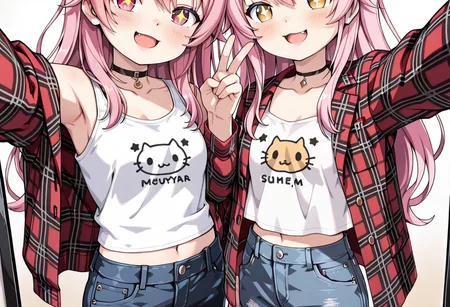 lazypos, girl focus, pink hair, multiple girls, long hair, denim, fang, virtual youtuber, pants, open mouth, jeans, head out of frame, v, shirt, 2girls, breasts, plaid jacket, choker, white shirt, tank top, smile, midriff, jacket, black choker, selfie, arm up, +_+, collar, white tank top, blush, samnstyle