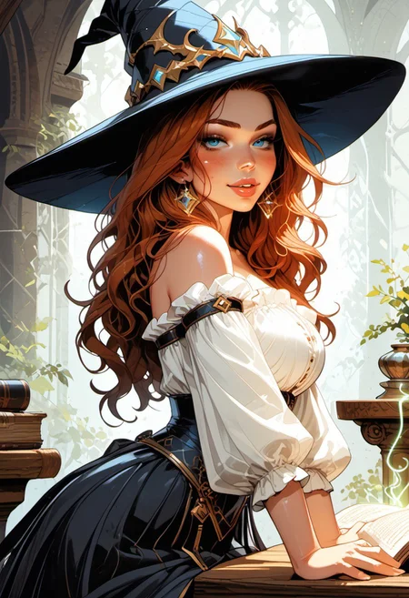 Safe_pos, (score_9, score_8_up, score_8), ((zPDXL3)), ((zPDXLxxx)), ultra detailed, high resolution, high quality, masterpiece, intricate details, intricate body, intricate landscape, knva, Expressiveh, hkmagic, missfortune, European Instagram Model, Sorceress, Wizard, Casting Thunder Magic Spells, Magic Circle, Thigh Strap, Tavern, midnight, 1girl, source_cartoon, Petite, ((Dark-Auburn Hair, Blue Eyes, Full Lips, Delicate and Smooth Skin, Blush Perfect Body, Highly Detailed, Glossy Lips)), ((Witch Hat)), Beautiful, Attractive, (Long Hair, Shiny Hair), (perfect round breasts, large breasts), (Wizard), ((Femme Fatale)), Tight-Fitting Blue-and-White Dress, Corset, Sexy, Belt, Brown Thigh-High Boots, Fantasy, Medieval, ((Extremely Detailed Face and Eyes)), Looking at Viewer, (Flirty Smile), Soft Lighting, Warm Lighting, Unique Angle, Unique Perspective, Dramatic Angle, ((Full Body)), From Above, Side Shot, ((Sitting on Tabletop, Arched Back, Leaning Back)), Tomes in Background, Magic Book, Ritual
<lora:add-detail-xl:1.5>,
<lora:Expressive_H:0.7>,
<lora:Kenva:1>,
<lora:incase_2024_new_style_upscaled_with_big_images:0.8>,
<lora:missfortune:0.65>,
<lora:Fantasy_Wizard__Witches_Pony:0.4>,