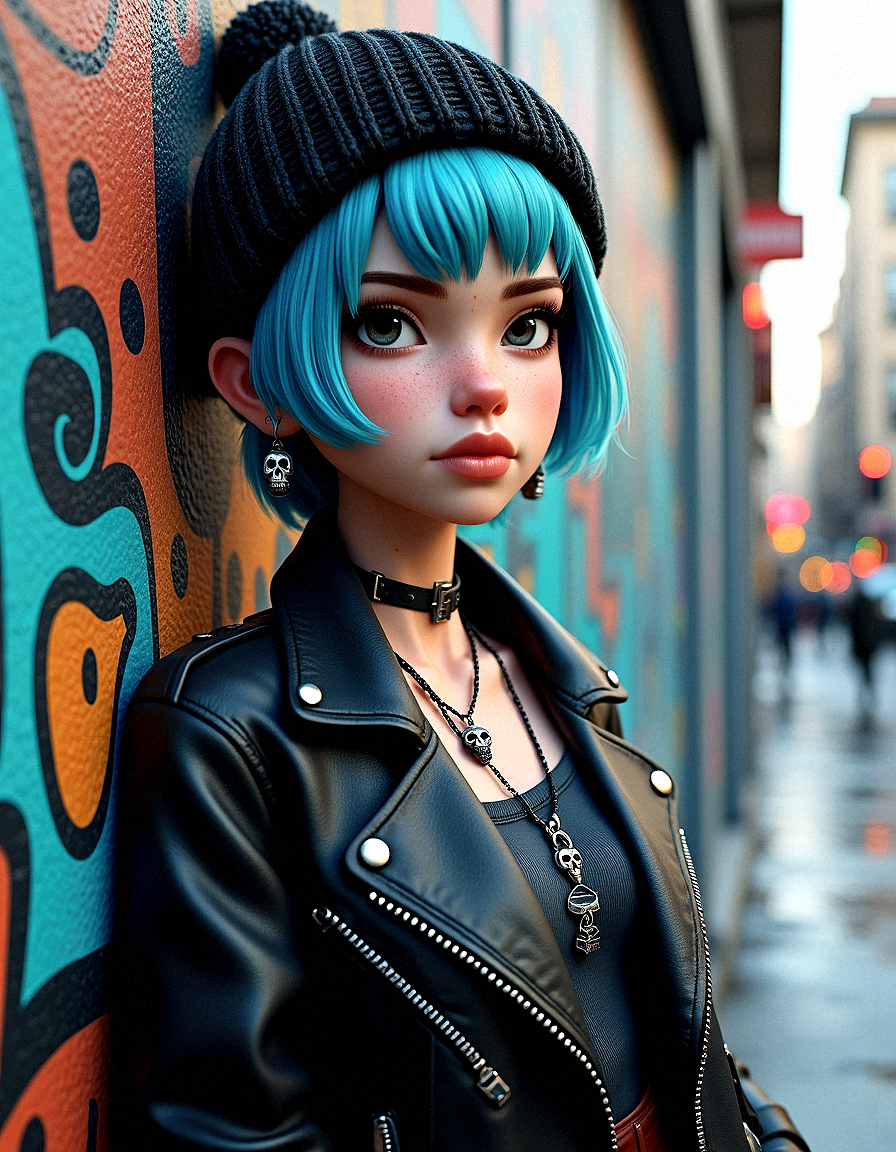 A 3D render using Unreal Engine of a young woman with short blue hair, wearing a knit beanie and a black leather jacket, detailed with skull earrings, chokers, and skull-themed necklaces. The background is A large mural painted on the side of a building, showcasing vibrant street art and urban culture. focusing on cinematic photorealism.

microdetail maps for extremely fine texture details, especially on the skin and clothing.Add roughness variation across materials to enhance realism, especially on skin and fabric. real-time tessellation for dynamic surface detail, such as on the fabric of the beanie.Add subtle wear and tear to materials like the leather jacket, giving it a more lived-in look.Introduce slight imperfections like freckles, pores, and subtle blemishes to enhance skin realism.4k resolution textures for detailed surfaces, especially for the skin, leather jacket, and tattoos.Simulate wet surfaces on the ground or buildings for added realism, especially under streetlights.Add details like graffiti or signs of urban decay to walls or buildings for a gritty atmosphere.Include distant, blurred traffic lights for additional depth and urban context.

She leans back casually against a wall, with one hand in her pocket and the other resting by her side.








