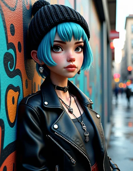 A 3D render using Unreal Engine of a young woman with short blue hair, wearing a knit beanie and a black leather jacket, detailed with skull earrings, chokers, and skull-themed necklaces. The background is A large mural painted on the side of a building, showcasing vibrant street art and urban culture. focusing on cinematic photorealism.
microdetail maps for extremely fine texture details, especially on the skin and clothing.Add roughness variation across materials to enhance realism, especially on skin and fabric. real-time tessellation for dynamic surface detail, such as on the fabric of the beanie.Add subtle wear and tear to materials like the leather jacket, giving it a more lived-in look.Introduce slight imperfections like freckles, pores, and subtle blemishes to enhance skin realism.4k resolution textures for detailed surfaces, especially for the skin, leather jacket, and tattoos.Simulate wet surfaces on the ground or buildings for added realism, especially under streetlights.Add details like graffiti or signs of urban decay to walls or buildings for a gritty atmosphere.Include distant, blurred traffic lights for additional depth and urban context.
She leans back casually against a wall, with one hand in her pocket and the other resting by her side.