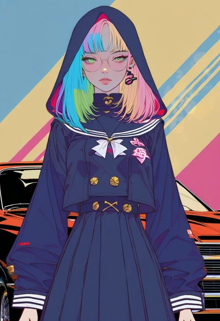 wide shot of classic car, mushroom paintjob, pretty girl on hood, petite bombshell, green eyes, round glasses, short colorful hair, rainbow highlights, candy hairpin, sexy pose, slutty see-through sailor uniform, skirt, dappled lighting, race track background, sinozick style
score_8_up <lora:Taiki Dendro-000027:1>