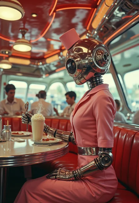 Vintage Sci-fi, A vintage, futuristic diner from the 1950s with robots as waitstaff. The interior is chrome-plated, with retro booth seating and neon accents. A robot waitress in a pink uniform is holding a milkshake, steam rising from its metallic surface. The scene feels playful and nostalgic, detailed, whimsical yet retro-futuristic atmosphere.