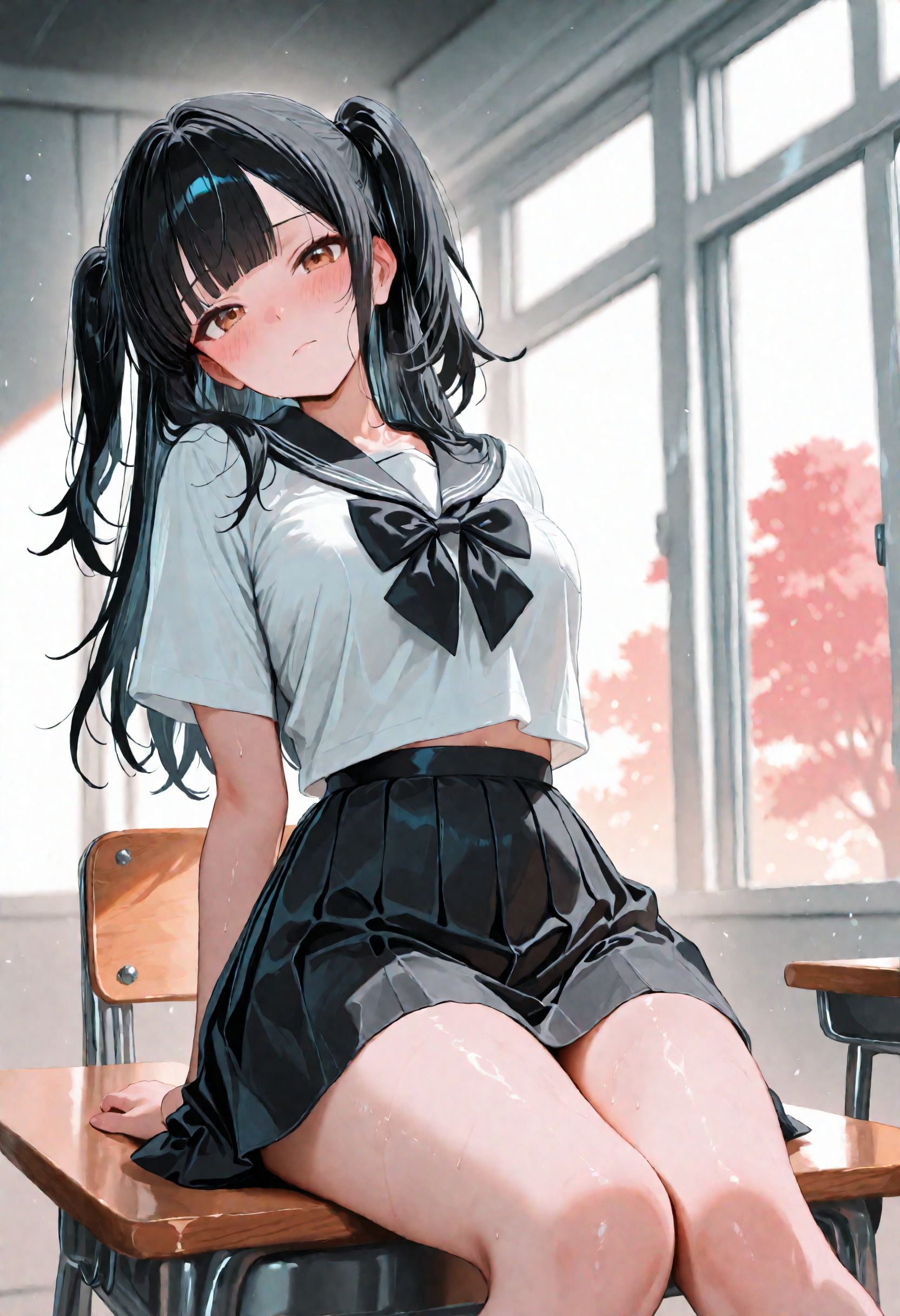 masterpiece, best quality, newest, absurdres, highres, very awa, anime screencap, film grain, limited palette, no lineart, ambient occlusion, depth of field, intricate background, aHVh, traditional media, painting \(medium\), 1girl, skirt, solo, sitting, school uniform, looking at viewer, black skirt, pleated skirt, white shirt, shirt, desk, long hair, indoors, sailor collar, serafuku, short sleeves, school desk, black hair, bow, brown eyes, two side up, closed mouth, black bow, window, breasts, midriff peek, sitting on desk, on desk, thighs, bowtie, classroom, feet out of frame, black sailor collar, black bowtie, school chair, head tilt, medium breasts, blunt bangs, arm support, blush, chair