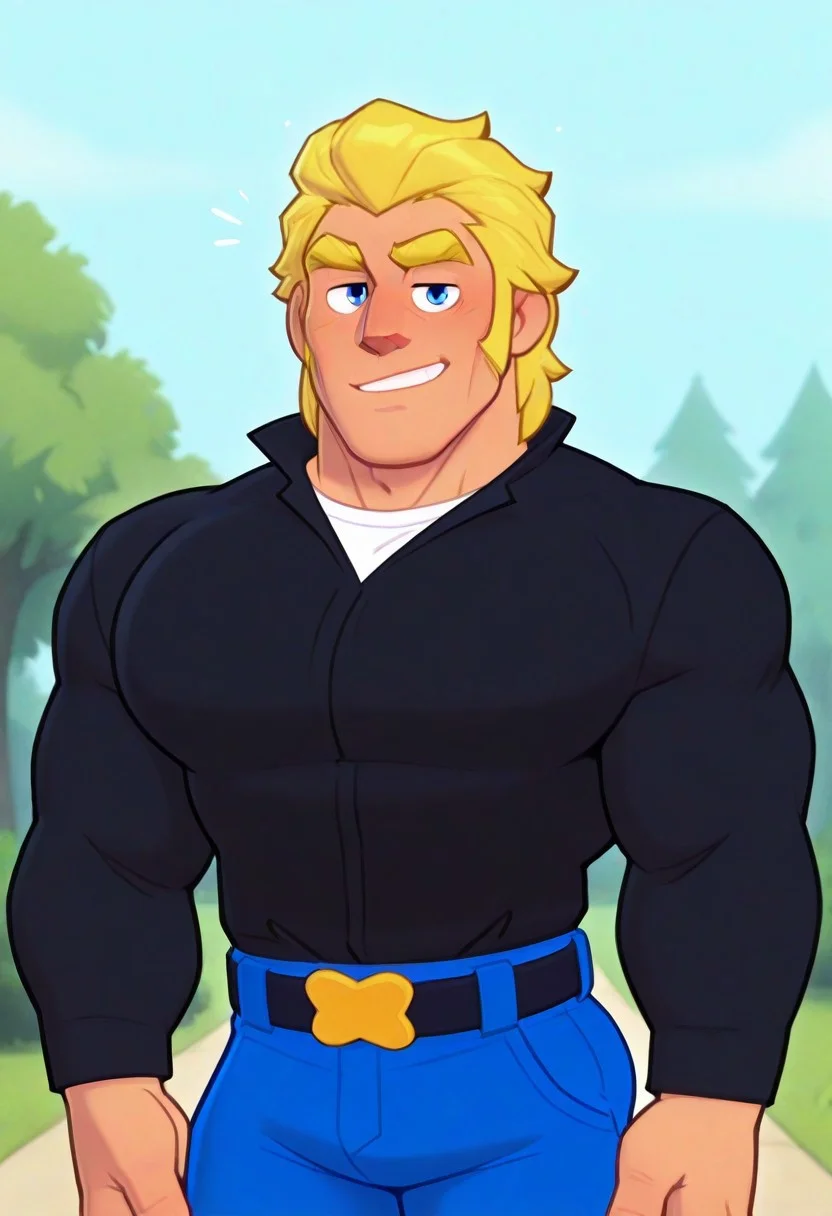 masterpiece, best quality, amazing quality, detailed background, intricate details, park, dynamic, comic_style, cartoon_style, source_cartoon, solo, male focus, 1boy, handsome, Adalbert von Grantz, blonde hair, blue eyes, yellow eyebrows, thick eyebrows, muttonchops, sideburns, long sideburns, muscular male, upper body, black long sleeves over white shirt, belt, belts, blue pants, sultry look, flirting with viewer, smug, parted lips, abstract background, brwlstrs, 2zdxxps, source_cartoon, 2d, {{tall}}, {{long torso}}, huge clavicle, hyper pecs, rugged feature, chiseled face, handsome, manly, cowboy shot, Flat Colors, Pronounced Cheekbones