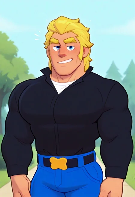 masterpiece, best quality, amazing quality, detailed background, intricate details, park, dynamic, comic_style, cartoon_style, source_cartoon, solo, male focus, 1boy, handsome, Adalbert von Grantz, blonde hair, blue eyes, yellow eyebrows, thick eyebrows, muttonchops, sideburns, long sideburns, muscular male, upper body, black long sleeves over white shirt, belt, belts, blue pants, sultry look, flirting with viewer, smug, parted lips, abstract background, brwlstrs, 2zdxxps, source_cartoon, 2d, {{tall}}, {{long torso}}, huge clavicle, hyper pecs, rugged feature, chiseled face, handsome, manly, cowboy shot, Flat Colors, Pronounced Cheekbones