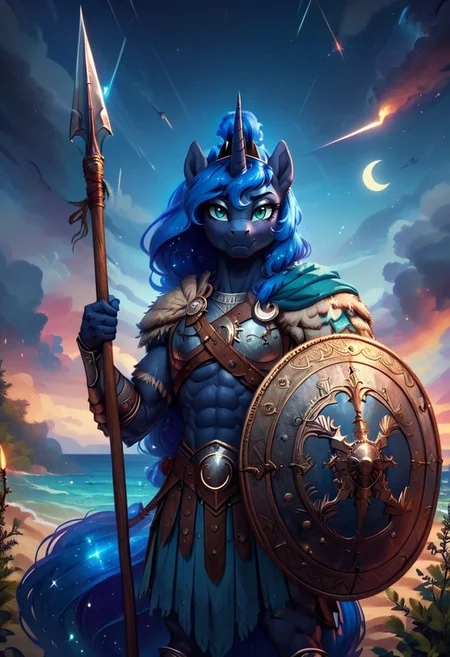 Princess Luna, anthro pony, solo, viking armor, Spear Warrior, holding spear, night, sea shore