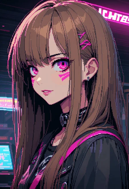 gorgeous lips, cinematic, (masterpiece), (best quality), (ultra-detailed), very aesthetic, illustration, perfect composition, intricate details, absurdres, detailed face, (anime, masterpiece, intricate:1.3), (best quality, hires textures, high detail:1.2), (4k),(incredibly detailed:1.4)
masterpiece, best quality, ultra-detailed, 8K, highres, (game pixel), (pixel art), (pixelart), (focus character), cartoon, (lofi style), (cyberpunk style), pink line drawing, (1girl), (punk hair style), asymmetry hair, light-smile, long hair, wind, brown hair, inner hair color, punk style, punk fashion, (indoor), purple and black background, bar, neon, neon signage, <lora:more_details:#>, NEON COLOR, LOFI COLOR, <lora:80'sFusion:0.2>, pixel art, cutesycotton