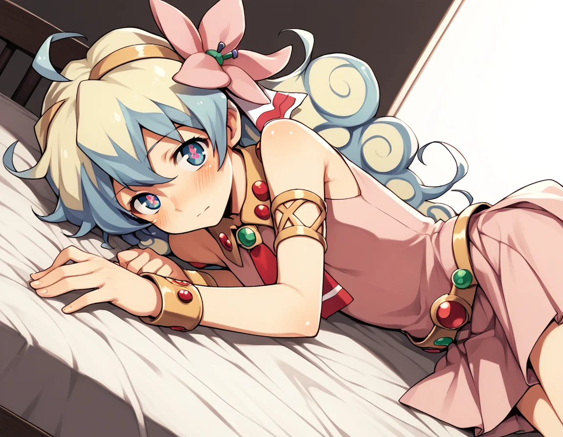score_9, score_8_up, score_7_up, source_anime,
niateppelin, <lora:nia-teppelin-ponyxl-lora-nochekaiser:1>,
nia teppelin, cross-shaped pupils, hair flower, hair ornament, long hair, multicolored hair, simple background, symbol-shaped pupils, two-tone hair, ahoge, curly hair,
armlet, bracelet, dress, pink skirt, skirt, sleeveless,
indoors, bed, bed room, on side, blush, drunk,
looking at viewer, solo, cowboy shot, dutch angle,