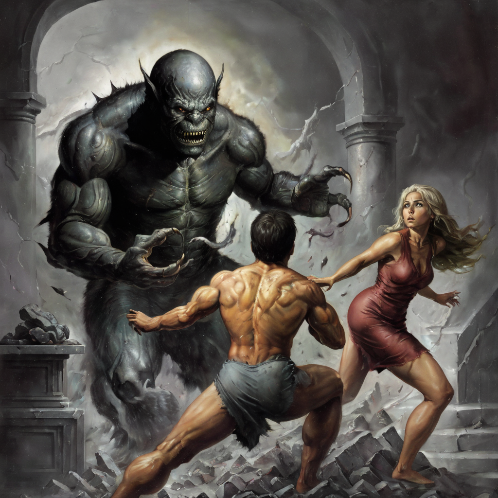 <lora:k3nk3lly:0.75> woman sits and watches as man gets attacked by monster