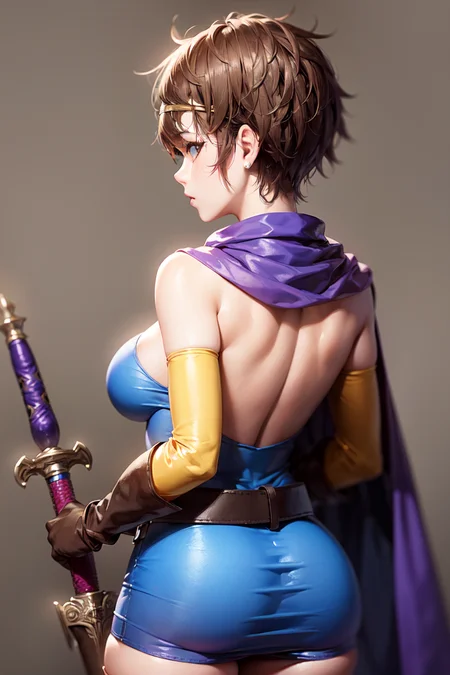 (masterpiece, best quality:1.1), (sheathed weapon on back:1.2), roto (dq3), 1girl, solo, short hair, brown hair, blue eyes, circlet, large breasts, cleavage, strapless, blue dress, purple cape, thighhighs, elbow gloves, boots, belt, scabbard,, knee boots, simple background, <lora:DQ3ROTO-000010:0.7>