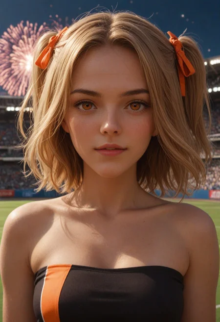 score_9, score_8_up, score_7_up, score_6_up,
1girl, 25 years old, perfect face, (adult), sexy,
orange eyes,
blonde hair, short hair, two side up, hair ornament,
cheerleader, black tube top,
stadium, fireworks,
blush, excited, portrait, face focus, depth of field,
looking at viewer,