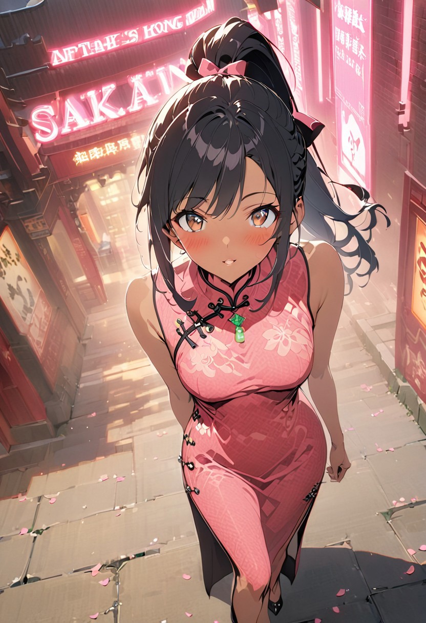 gorgeous lips, cinematic, (masterpiece), (best quality), (ultra-detailed), very aesthetic, illustration, perfect composition, intricate details, absurdres, detailed face, (anime, masterpiece, intricate:1.3), (best quality, hires textures, high detail:1.2)from the front, outdoors, full body shot
BREAK, a anime girl with very long black hair, straight hair styled in a high ponytail,Hong Kong style city, 1girl, solo, side swept bangs, medium breasts, long hair, black hair, looking at up, walking, sleeveless black long flowing silk cheongsam, high slit, toned legs, legs crossed, XCYP  Cheongsam beauties, necklace, hair ribbon, black back head hair bow, smiling, hair blowing in the wind, cheongsam blowing in the wind,  blush,black heels , collarbone, brown eyes, perfect eyes, pink petals blowing in the wind, night time,looking at viewer, neon lighting, neon lighting, dolly shot, seductive mood, pursed lips, leaning against a sportsbike motorcycle