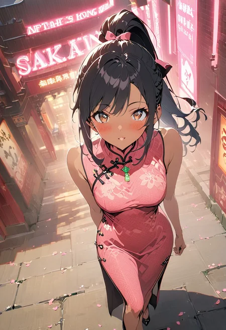 gorgeous lips, cinematic, (masterpiece), (best quality), (ultra-detailed), very aesthetic, illustration, perfect composition, intricate details, absurdres, detailed face, (anime, masterpiece, intricate:1.3), (best quality, hires textures, high detail:1.2)from the front, outdoors, full body shot
BREAK, a anime girl with very long black hair, straight hair styled in a high ponytail,Hong Kong style city, 1girl, solo, side swept bangs, medium breasts, long hair, black hair, looking at up, walking, sleeveless black long flowing silk cheongsam, high slit, toned legs, legs crossed, XCYP Cheongsam beauties, necklace, hair ribbon, black back head hair bow, smiling, hair blowing in the wind, cheongsam blowing in the wind, blush,black heels , collarbone, brown eyes, perfect eyes, pink petals blowing in the wind, night time,looking at viewer, neon lighting, neon lighting, dolly shot, seductive mood, pursed lips, leaning against a sportsbike motorcycle
