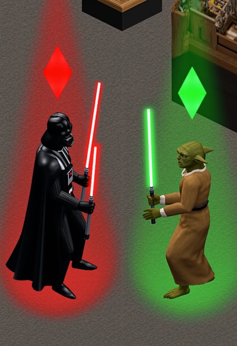 simsstyle, Darth Vader having a lightsaber duel with to Yoda. Isometric view. Both characters have red or green diamonds spinning above their heads.