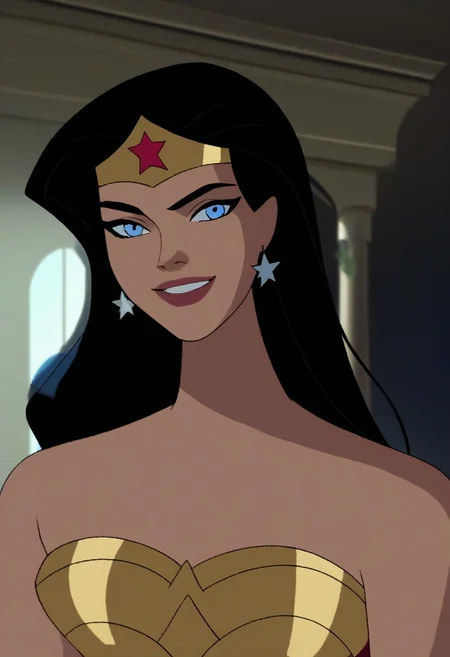 score_9, score_8_up, score_7_up, 1girl, solo, w0m4nMT, black hair, long hair, blue eyes, earrings, tiara, looking at viewer, smile, portrait, indoors