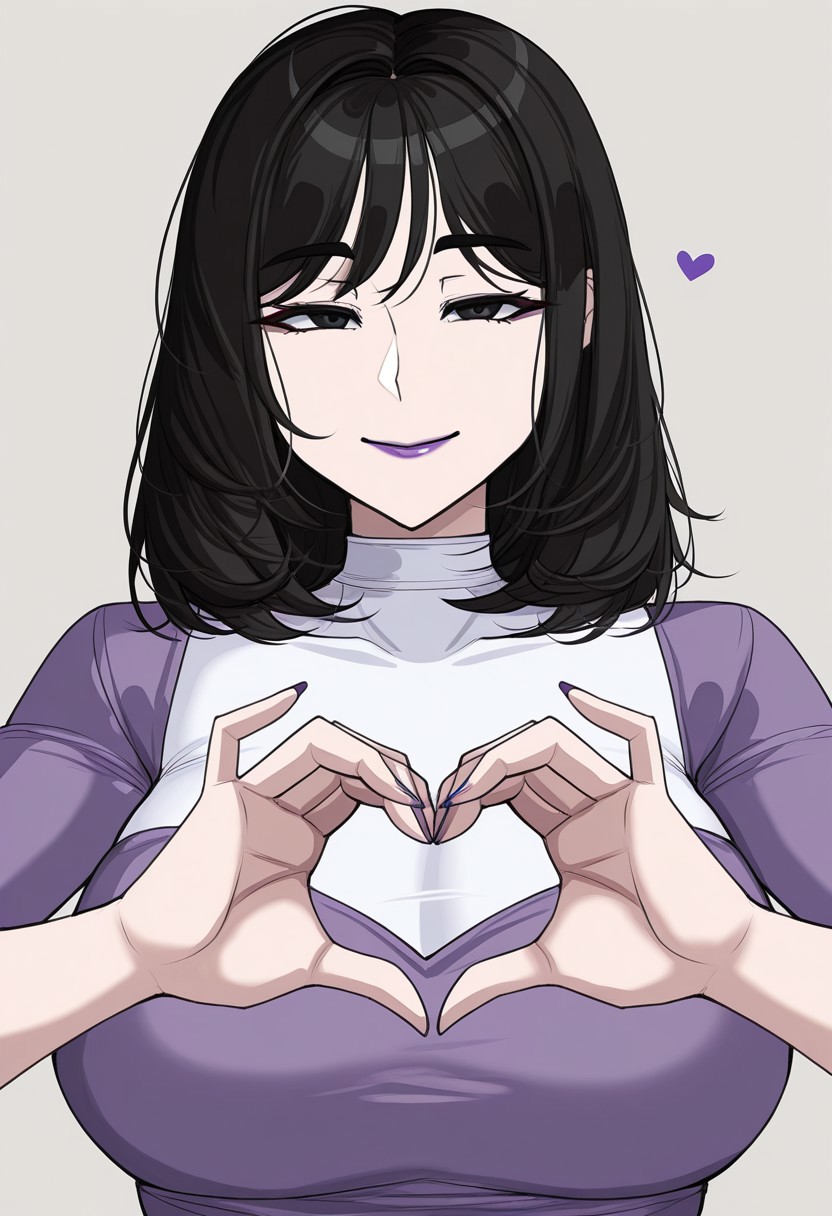 1girl, solo, medium build, medium hair, sfw, safe for work, covered skin, flowy dress,  black eyes, purple lipgloss, smiling, portrait, upper body, heart hands, foreshortening, detailed, newest, hellap