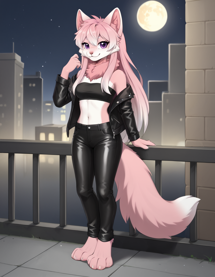 outdoors,city,night, night sky, full moon, 
full body,smile,long eyelashes,
leather pants, tube top, leather jacket, 
<lora:Nana_v01_PDXL:1>,Nana,1girl,solo,furry female,animal ears,purple eyes,tail,long hair,pink hair,white hair multicolored hair,body fur,pink fur,two-tone fur,white fur,animal nose,animal ear fluff,