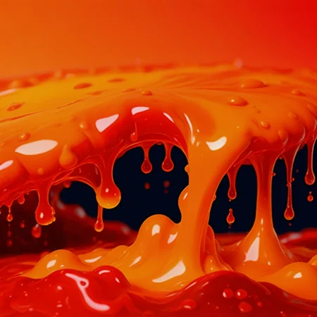 from side, gradient, water drop, shiny, food, no humans, blue background, black background, solo, fruit, gradient background, dripping, mezzomix, > <, close-up, cola, red background, slime girl, fire, red, orange skin, honey, mezzoslime, lava slime, hot slime, slime, red theme, lava