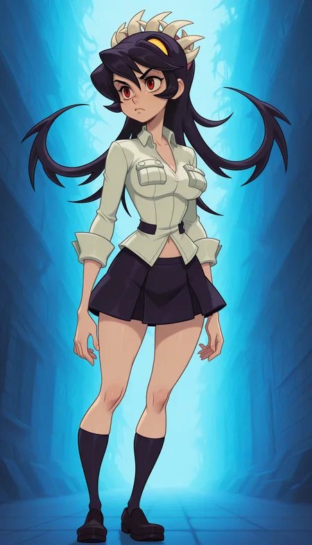 Disney_Il5.0, 1girl, filia skullgirls, Samson skullgirls, black hair, living hair, medium breasts, white shirt, black skirt, black footwear, full body, simple background, white background
highly detailed, digital art, contrast, vibrant accents,
masterpiece, latest, charming aesthetic, masterpiece, best quality, ultra-detailed, highest quality, official art, very awa, very aesthetic, detailed shading, (detailed background, complex background), amazing quality, intricate, hyper-detailed, excellent, absurdres, latest,
