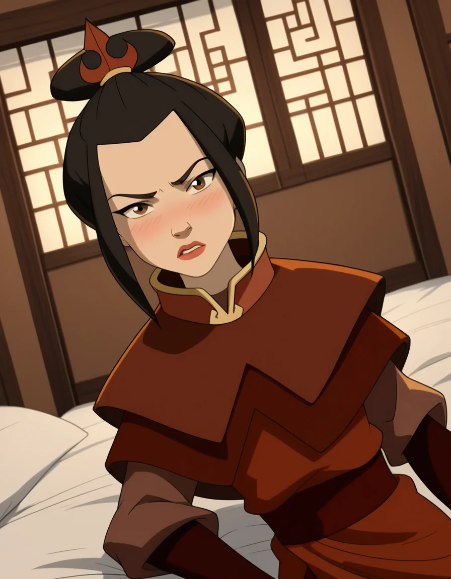 score_9, score_8_up, score_7_up, source_anime, <lora:azula-book2-ponyxl-lora-nochekaiser:1>, azula, black hair, brown eyes, topknot, sidelocks, hair bun, single hair bun, chinese clothes, capelet, sash, long sleeves, elbow gloves, , indoors, bed, bed room, on side, blush, drunk, looking at viewer, solo, cowboy shot, dutch angle