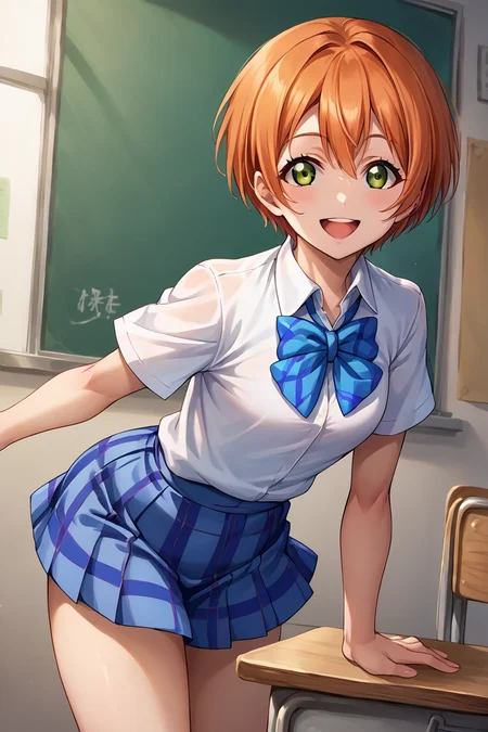 score_9, score_8_up, score_7_up, source_anime BREAK 1girl, solo, lovelive_rin <lora:lovelive_rin:0.9> cowboy shot, school uniform, blue plaid skirt, white shirt, short sleeves, blue bowtie, orange hair, short hair, yellow green eyes, looking at you, smile, open mouth, school, indoor