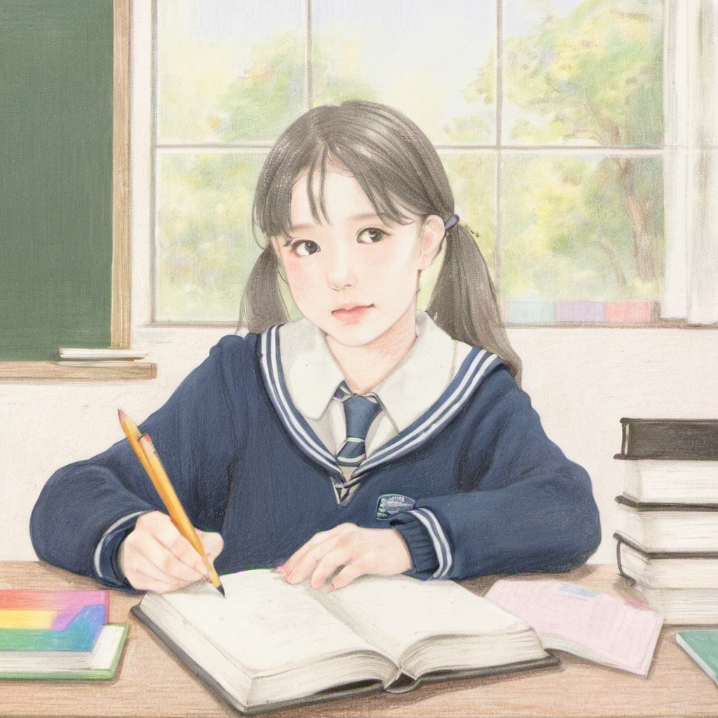 traditional media, 1 girl, Schoolgirl, uniform, sitting on desk, books, pencil case, attentive expression, classroom, blackboard, windows, soft lighting