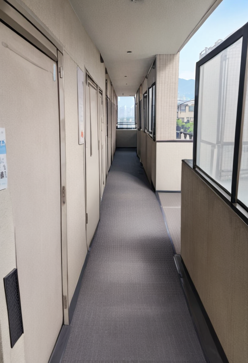 masterpiece, best quality, very aesthetic, absurdres,
rouka, hallway, scenery, window, building, day, sky, door, outdoors, blue sky, cityscape, city, real world location, 
 <lora:JProuka_apartment_hallway_SDXL_V1:1>