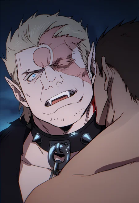 (((2boys))), solo_focus, Nikolai_castlevanianocturne, blonde hair, blue eyes, stubble, slicked back hair, left eye closed, spiked collar, scar on face, (circle_scar_on_forehead), pointy ear, black coat, bare chest, veiny arms, score_8_up, score_7_up, score_6_up, score_9_up, muscular, (stocky_body), (big muscule), big arm, middle-age man , a man sitting on ground in forest, (((another man face on neck from behind))), (((bite_neck))),  night,  centered, looking away, face_focus, detailed eyes, 8k uhd, high quality, anime color, front view, from above, surprised , ((fearful)), top down view, (((head_tilt))), face_focus,open mouth, fang, blood on neck