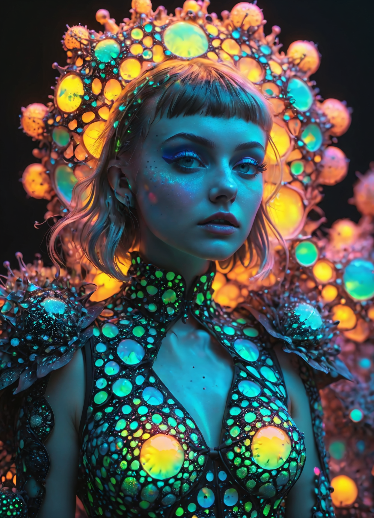 Ombre color scheme of neon pink, neon blue, neon yellow, neon green, neon orange, woman wearing Fashion designs inspired by radiolarians <lora:EnvyTrypophobiaXL01:0.4> trypophobia <lora:IOS_Iridescent_opal_style:0.6> <lora:MJ52:0.6>, subsurface scattering, Photorealistic, Hyperrealistic, analog style, realistic, film photography, soft lighting, heavy shadow, Ombre color scheme of neon orange, neon pink, neon blue, neon yellow, neon green,