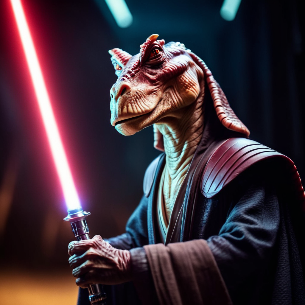 cinematic film still of  <lora:darth jar jar binks:1.2>
darth jar jar binks a creature in a star wars costume holding a light saber in star wars universe, shallow depth of field, vignette, highly detailed, high budget, bokeh, cinemascope, moody, epic, gorgeous, film grain, grainy
