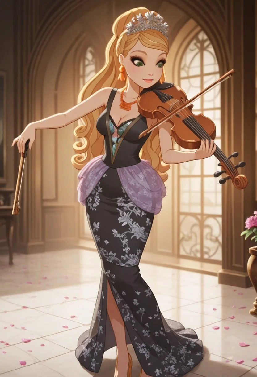 score_9, score_8_up, score_7_up BREAK shiny skin, nsfw, high quality, masterpiece
easynegative, 1girl, solo,
ashlynn ella, ever after high, orange-blonde hair, flower petal tiara, green eyes, orange shoe earrings, orange necklace, medium breasts, elegant clothes, black dress, cleavage, straps, sleeveless, long dress, light smile, head down, lidded eyes, top view,
passion, irl, realistic style, shining background,
sexy pose, sexy, sultry pose,
holding a violin, violin, instrument