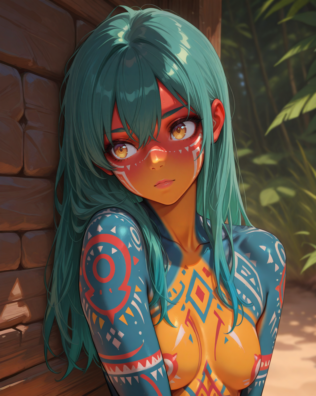 masterpiece,best quality,highres illustration,detailed face,1girl,upper body,<lora:multiskin_IL:1>,multicolored skin,tribal,full-body tattoo,nude,