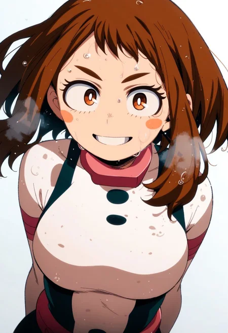 flatshinyskin, score_9, score_8_up, score_7_up , 1girl, 1girl, mosaic censoring, smile, slight seductive pose,, medium breasts, sweating, breasts,, long skirt, 1girl, solo focus, Upper body, hands behind back, wet, sweaty, sweating, steam
ochako_uraraka, 1girl, score_9, score_8_up, score_7_up, brown hair, brown eyes, white pupil, blush stickers, bodysuit, simple background, solo focus, perfect body, curvey, thick waist, thick body, skin tight dress, , front view, front focus, looking at viewer, seductive expression, smile, teeth, ANIMESTYLE
adult, oval face shape, long forehead bangs, milf, ADULT, long forehead bangs, bangs over eye,