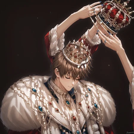 safe_pos, safe_pos, Score_9,score_8_up,score_7_up, Highly detailed, masterpiece, high quality, beautiful, high resolution, good details, 1boy, 1boy, sexy (cute petite boy), source_anime, skinny, aged down, petite, Boy, detailed background,

dan_kuso, brown hair, brown eyes, 

Solo, solo focus,  crown, blue nails, upper body, solo, male focus, closed eyes, ring