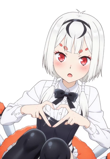Smooth Quality, highres, hi res, best quality, masterpiece, intricate details, absurdres, 8k, (official art, anime screencap:1.1), glitter, depth of field, pinup, Glamor,
BREAK
BREAK
1girl, Spider girl, Arachne, red eyes, white hair, strands of black hair, monster girl, twintails,
BREAK
black dress,black bowtie,long sleeves,skirt,frilled dress,collared shirt,two-tone dress,belt,black thighhighs,open mouth,hairband,dress,bow,<lora:Fixhands_anime_bdsqlsz_V1:1>,cinematic_angle,dynamic_angle,white_background,simple_background,face_focus,looking_at_viewer,light_blush,sparkle,portrait,heart hands